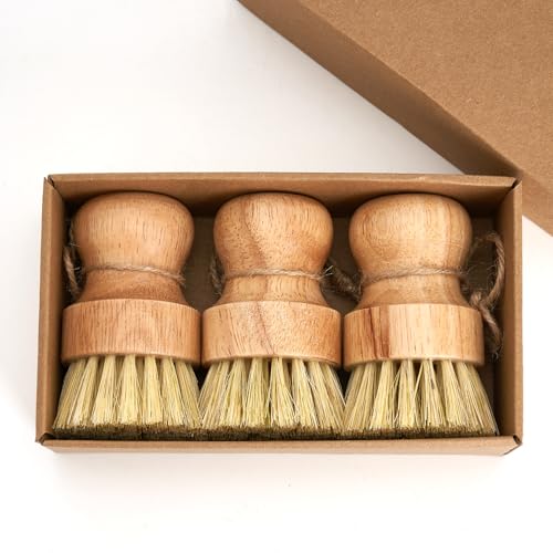 Diahom Bamboo Dish Brush Scrubber 3 Pack for Cleaning Pot Pans Hanging Rope Kitchen Dishwashing - Image 1