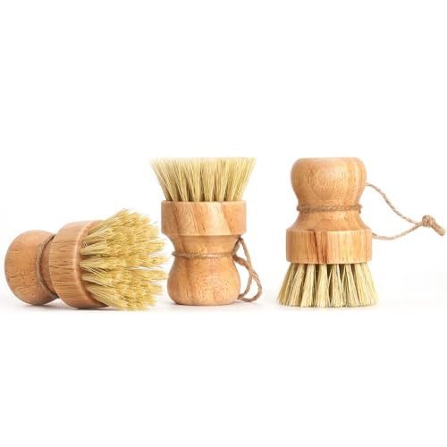 Diahom Bamboo Dish Brush Scrubber 3 Pack for Cleaning Pot Pans Hanging Rope Kitchen Dishwashing - Image 3