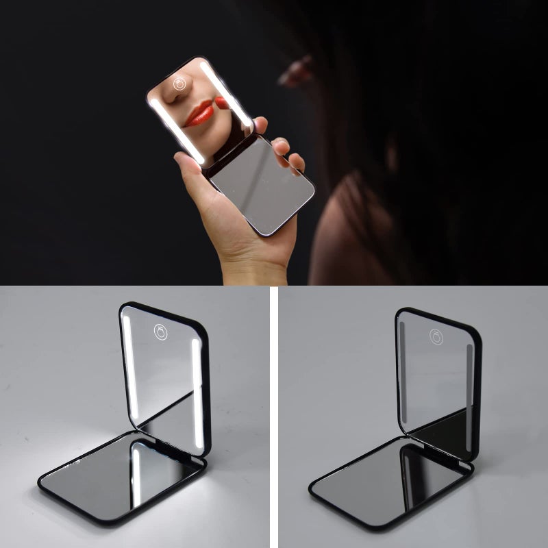 Kintion Kintion Rechargeable Pocket Mirror  Double Sided 1X/3X Magnification Compact Vanity Mirror  3 Color Lights  Dimmable  Small Portable Wallet Mirror  Lighted Travel Mirror for Women Gifts  Black  - Image 3