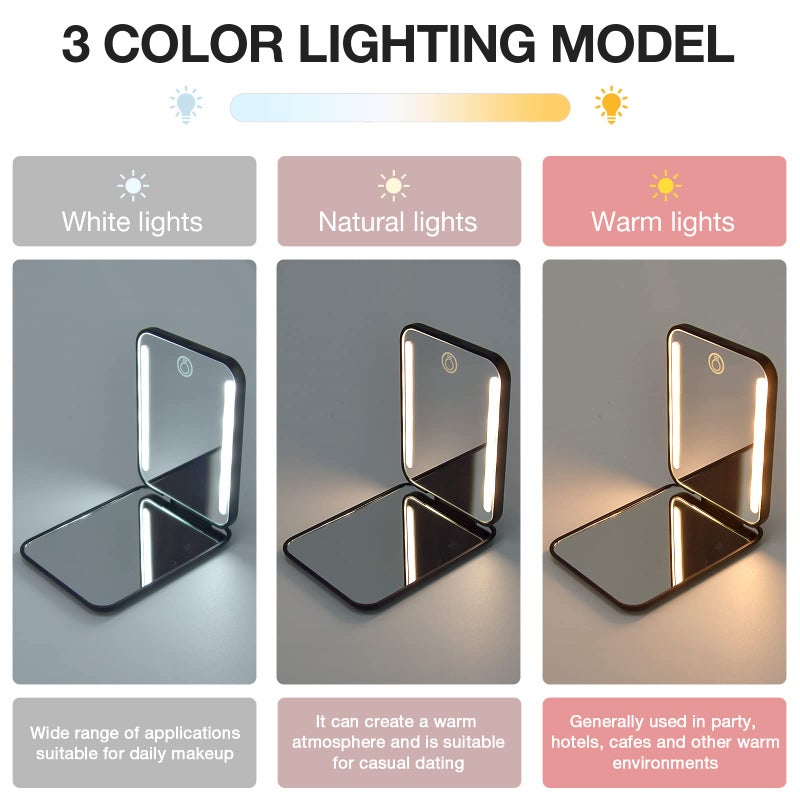Kintion Kintion Rechargeable Pocket Mirror  Double Sided 1X/3X Magnification Compact Vanity Mirror  3 Color Lights  Dimmable  Small Portable Wallet Mirror  Lighted Travel Mirror for Women Gifts  Black  - Image 5