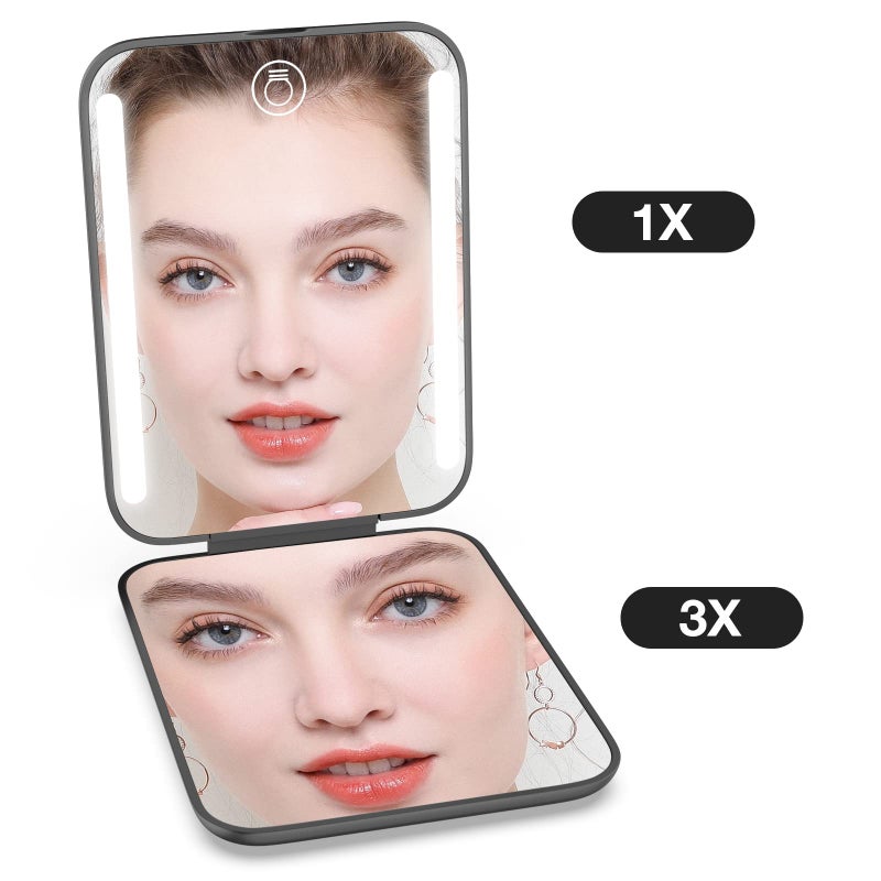 Kintion Kintion Rechargeable Pocket Mirror  Double Sided 1X/3X Magnification Compact Vanity Mirror  3 Color Lights  Dimmable  Small Portable Wallet Mirror  Lighted Travel Mirror for Women Gifts  Black  - Image 4