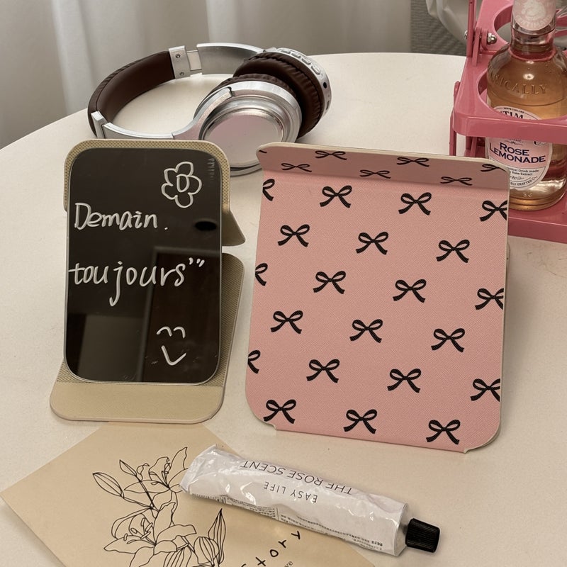 Sweet Pink Bow Makeup Mirror Portable Small Mirror Student Dormitory Desktop Folding Mirror Desktop Dressing Mirror - Image 2