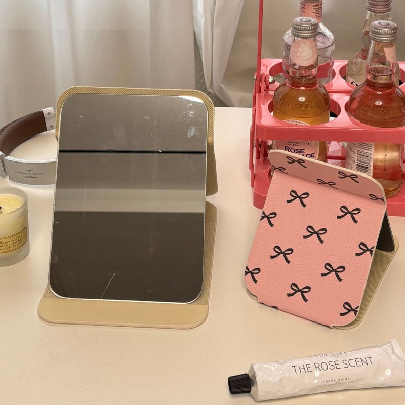 Sweet Pink Bow Makeup Mirror Portable Small Mirror Student Dormitory Desktop Folding Mirror Desktop Dressing Mirror - Image 3