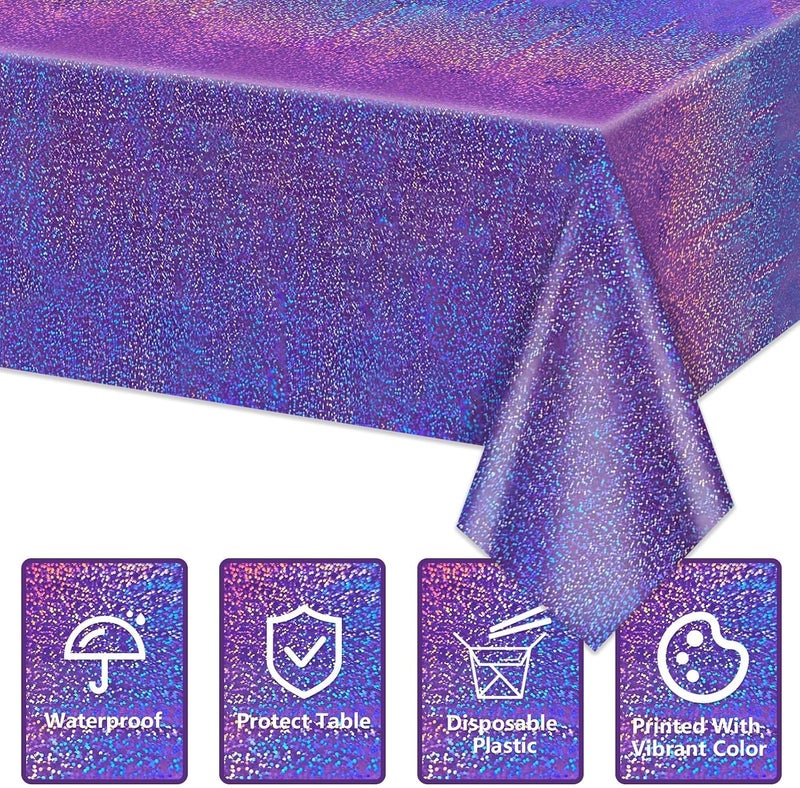 PTECDROTS 4Pcs Purple Holographic Tablecloths Rectangular Purple Iridescent Tablecloth Shimmer Metallic Table Covers for Butterfly Mermaid Party Birthday Wedding Christmas Holiday Party Decorations, 54x108Inch - Image 3