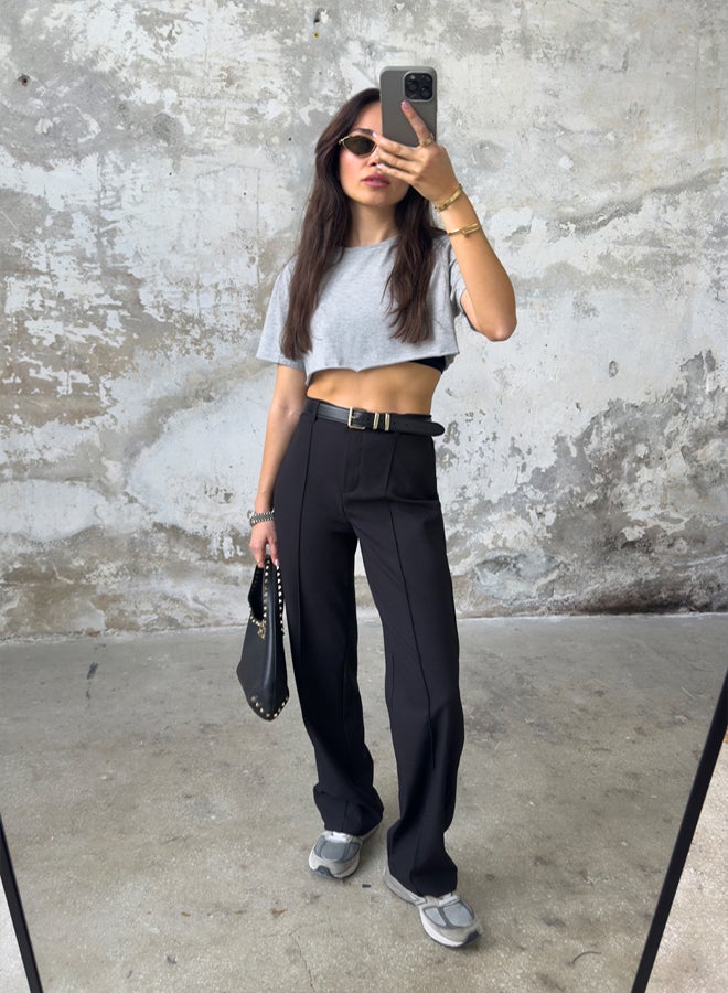 trendyol Black Elastic Waist Straight Cut Ribbed Woven Trousers - Image 1