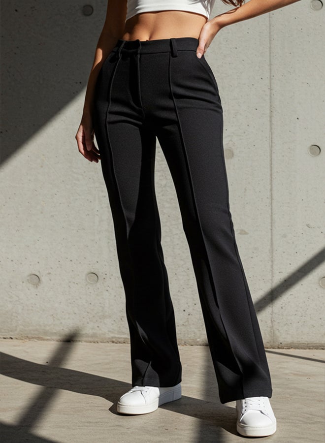 trendyol Black Elastic Waist Straight Cut Ribbed Woven Trousers - Image 3