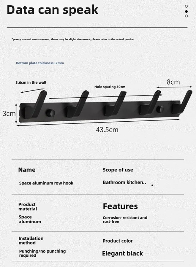 Loquat Space Aluminum Wall Hook Coat Rack Wall Mounted Wall Hanger with 5 Hooks Coat Hook Rail for Coat Hat Towel Purse Robes Mudroom Bathroom Entryway Towel Hooks for Bathrooms Black - Image 2