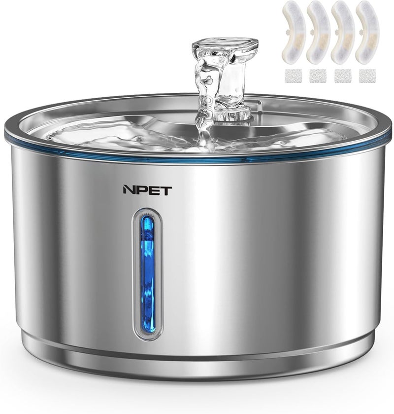 NPET Stainless Steel Cat Fountain, 1Gallon/4L Automatic Pet Drinking Fountain Dog Water Dispenser with 4 Replacement Filters for Cats Indoor - Image 1