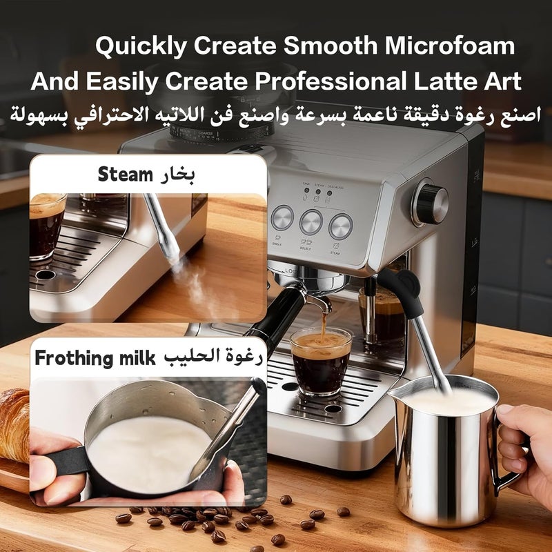 Royalstar 20-Bar Semi-Automatic Coffee Machine with Grinder Setting and Milk Frother, Stainless Steel,PID Temperature Control, Ideal Coffee Maker for Espresso Cappuccino at Home and Office - Image 5