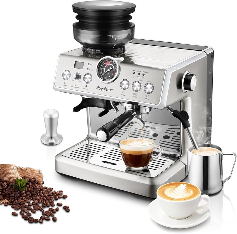 Royalstar 20-Bar Semi-Automatic Coffee Machine with Grinder Setting and Milk Frother, Stainless Steel,PID Temperature Control, Ideal Coffee Maker for Espresso Cappuccino at Home and Office - Image 1