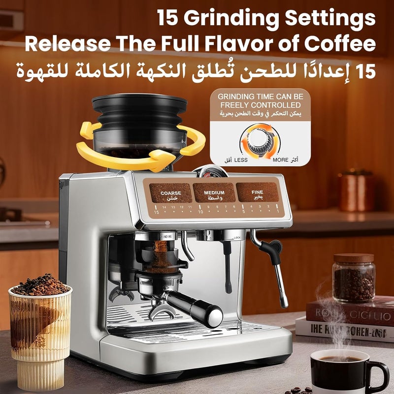 Royalstar 20-Bar Semi-Automatic Coffee Machine with Grinder Setting and Milk Frother, Stainless Steel,PID Temperature Control, Ideal Coffee Maker for Espresso Cappuccino at Home and Office - Image 4