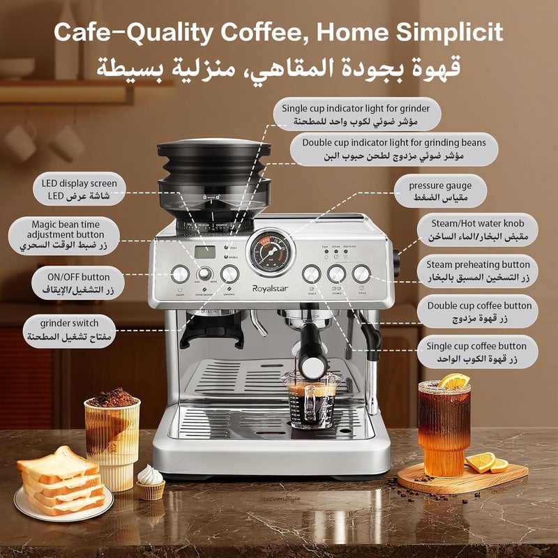 Royalstar 20-Bar Semi-Automatic Coffee Machine with Grinder Setting and Milk Frother, Stainless Steel,PID Temperature Control, Ideal Coffee Maker for Espresso Cappuccino at Home and Office - Image 3