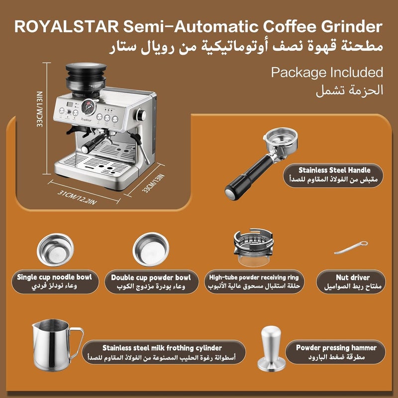 Royalstar 20-Bar Semi-Automatic Coffee Machine with Grinder Setting and Milk Frother, Stainless Steel,PID Temperature Control, Ideal Coffee Maker for Espresso Cappuccino at Home and Office - Image 2