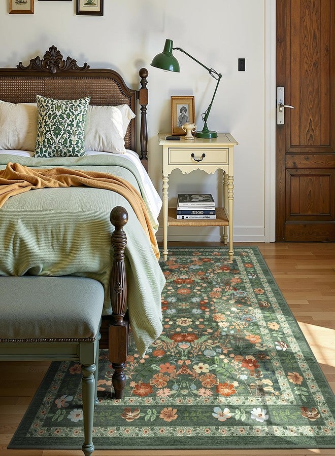 Deerly Green Floral Area Rugs 4x6 Washable Living Room Bedroom Carpet - Vintage Boho Thin Non-Slip Soft Low Pile Floor Mat Indoor Home Decor for Dining Room Playroom Farmhouse, Green/Multi - Image 2