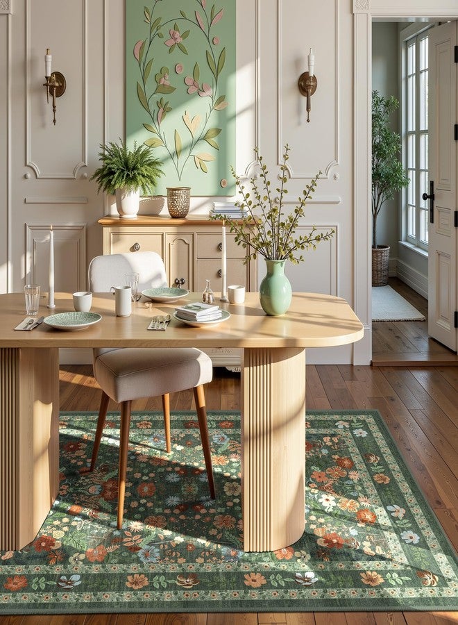 Deerly Green Floral Area Rugs 4x6 Washable Living Room Bedroom Carpet - Vintage Boho Thin Non-Slip Soft Low Pile Floor Mat Indoor Home Decor for Dining Room Playroom Farmhouse, Green/Multi - Image 3