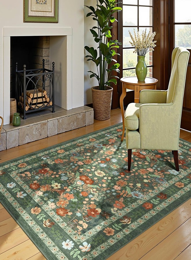 Deerly Green Floral Area Rugs 4x6 Washable Living Room Bedroom Carpet - Vintage Boho Thin Non-Slip Soft Low Pile Floor Mat Indoor Home Decor for Dining Room Playroom Farmhouse, Green/Multi - Image 1
