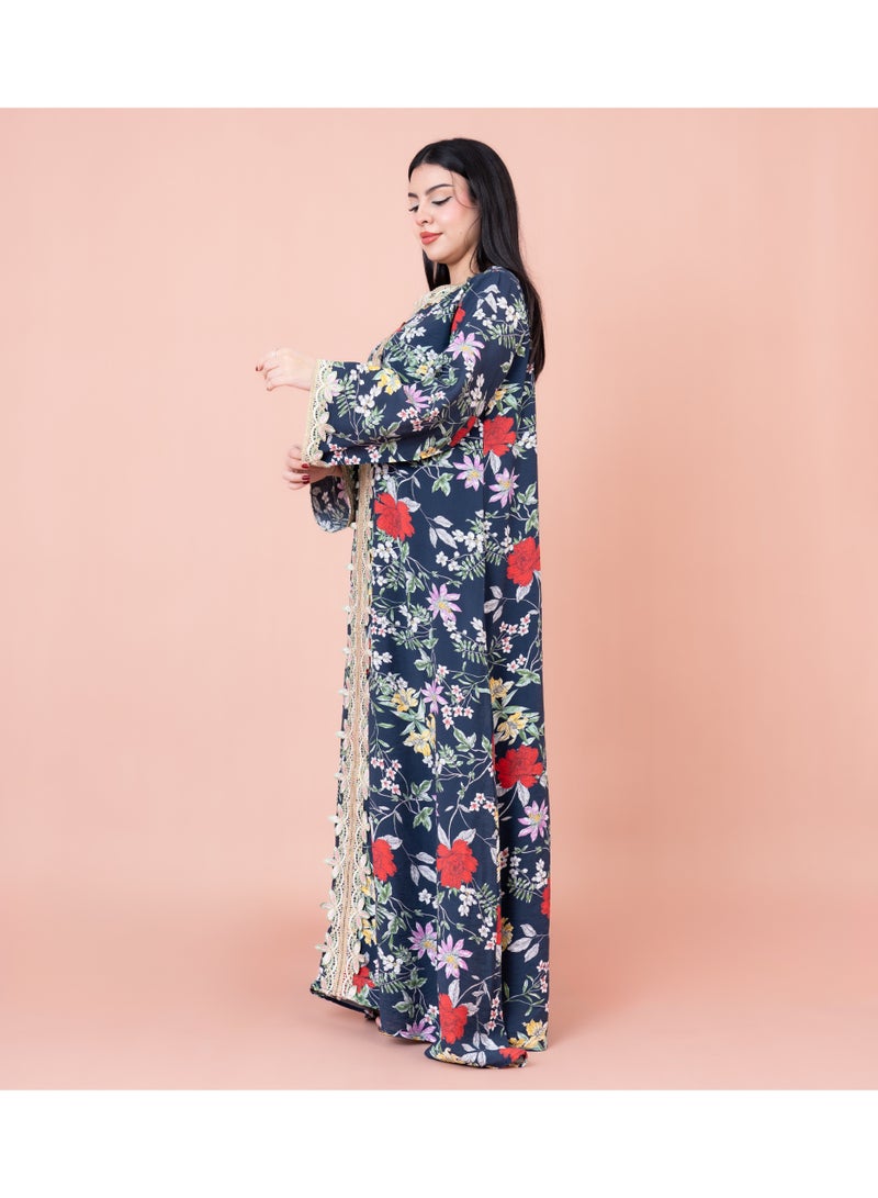 اكسا جلابية مطرزة مطبوعة حديثة أزرق - Image 3