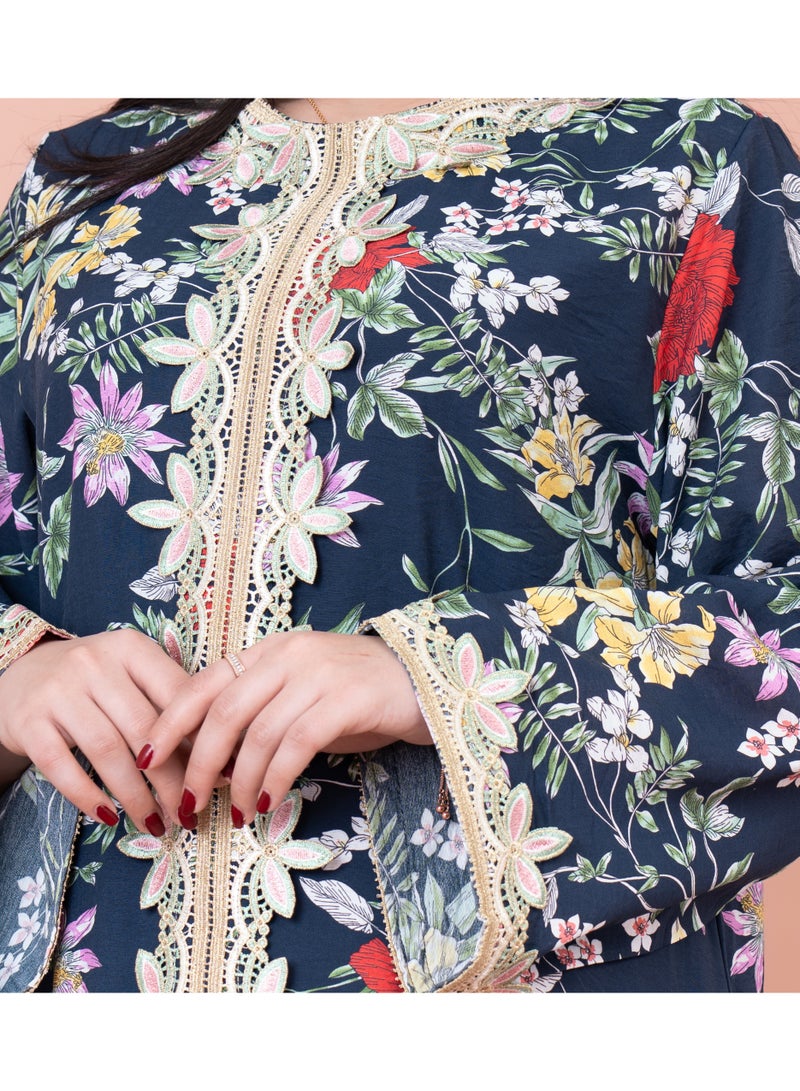 اكسا جلابية مطرزة مطبوعة حديثة أزرق - Image 2