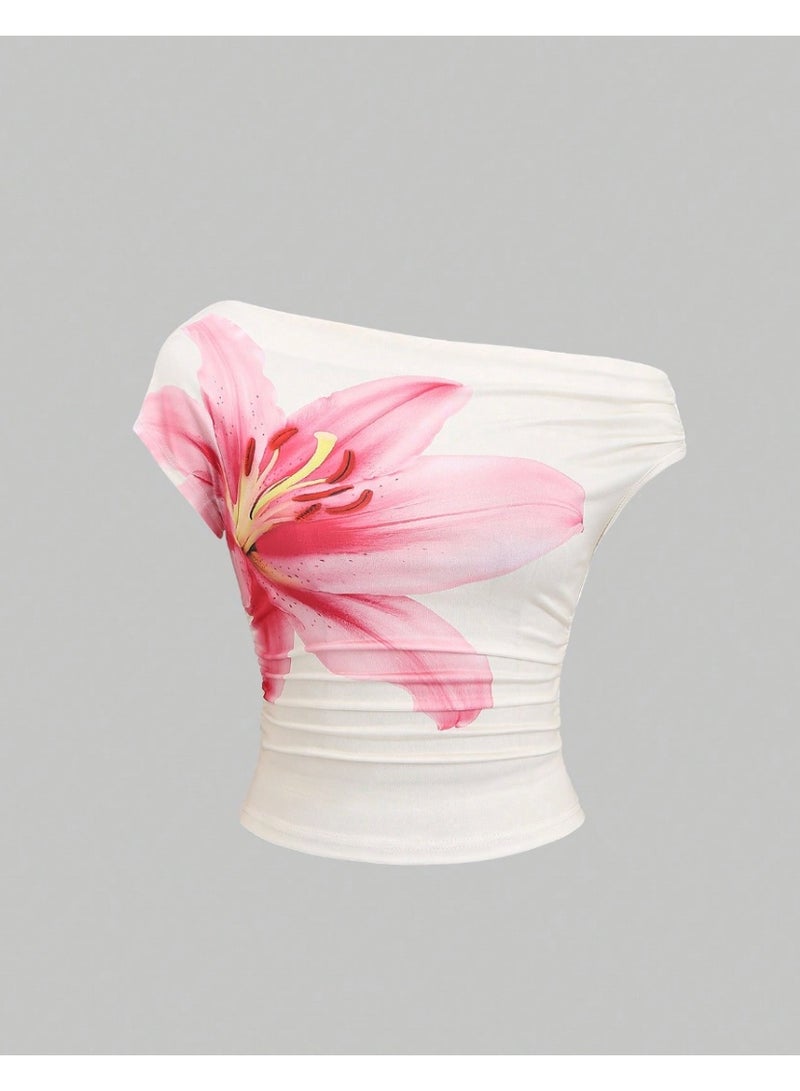 SHEIN Sweetro Women's Elegant Floral Print Asymmetrical Neck Ruched Top - Image 1