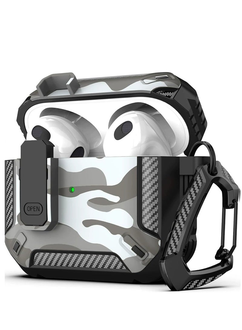 Airpods 4 Case, Airpods 4th Generation Case with Lock, Airpods 4th Generation Case, Hard Shell Rugged Shockproof Case with Keychain for Apple Airpods 4 2024 (Camouflage Gray)