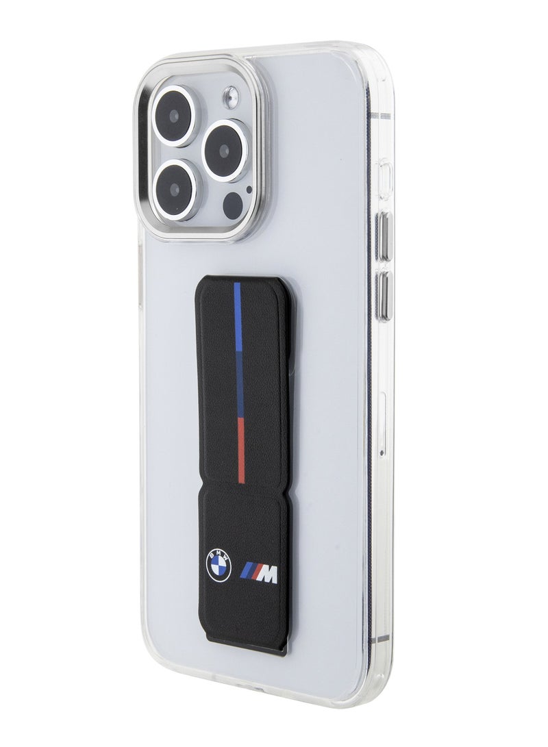 بي إم دبليو جراب خلفي شفاف لهاتف iPhone 15 Pro Max مع حامل وقبضة جلدية ونمط مثقب - شفاف - Image 2