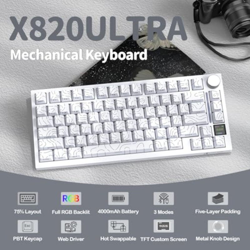 لوحة مفاتيح ميكانيكية ATTACK SHARK X820 Ultra Gasket مع شاشة TFT ومقبض، تخطيط 75% ANSI، 2.4 جيجا هرتز/BT/سلكي، 5 رغاوي ممتصة للصوت، مفتاح خطي قابل للتبديل السريع، للكمبيوتر الشخصي، MAC White، Shark Switch - Image 2