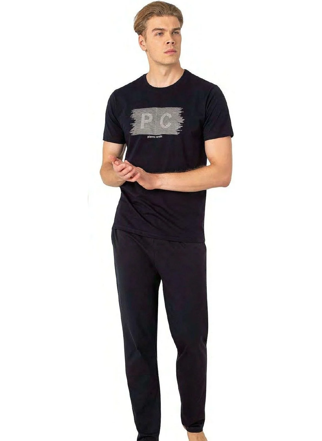 بيير كاردان 6084 Men's Short Sleeve Crew Neck Pajama Set-Navy Blue