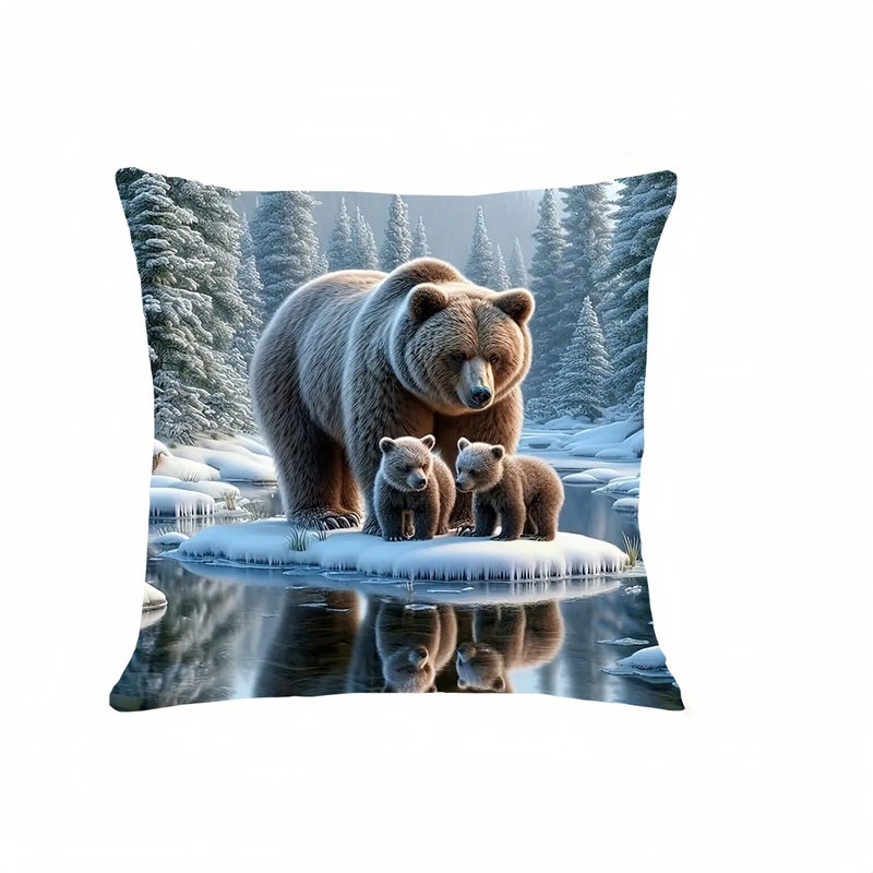 Realistic Style Bear Family Pillow Cover 17.7 Inch Square Soft Plush Zipper Closure Machine Washable Home Decor - Image 1