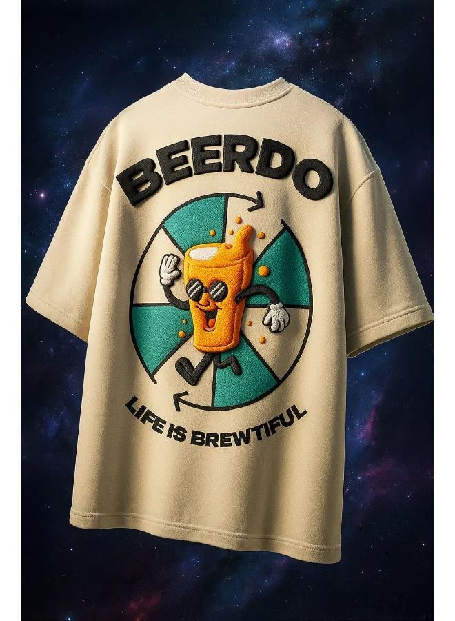 فيردو Veirdo® Pure Cotton Oversized Baggy Fit Cool Beerdo Graphic Printed Beige T-Shirt for Men/Boys (OS_V_BEERDO_BG_L)