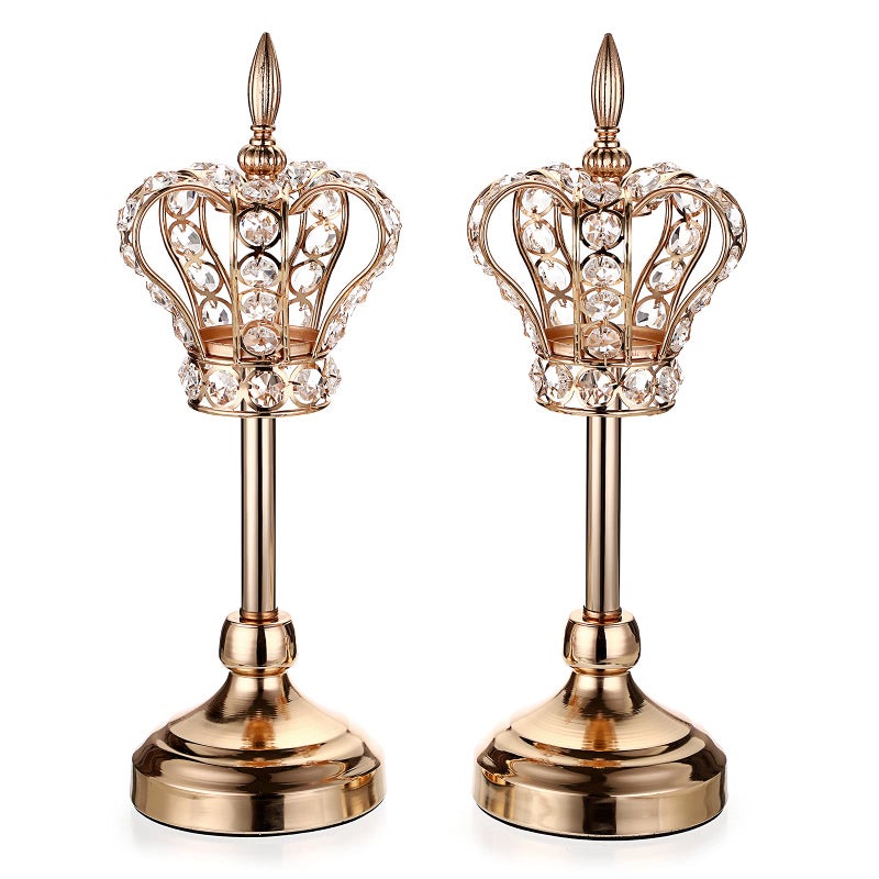OwnMy 2PCS Crystal Crown Candlestick Holders Tea Light Holders Metal Tealight Candelabra Gold Crystal Votive Candlesticks Set Elegant Candle Stick Holder Candle Centerpiece for Dining Table 14 H