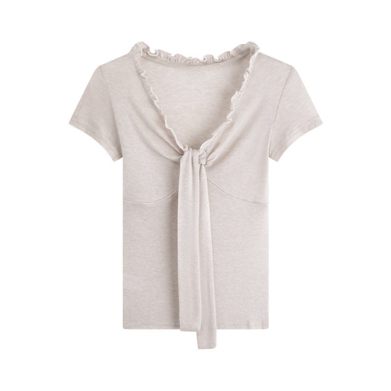-Style Lyocell Tencel Ruffled V-Neck Tie Short-Sleeve Wool T-Shirt for Women, New Summer Slim-Fit Top - Image 5