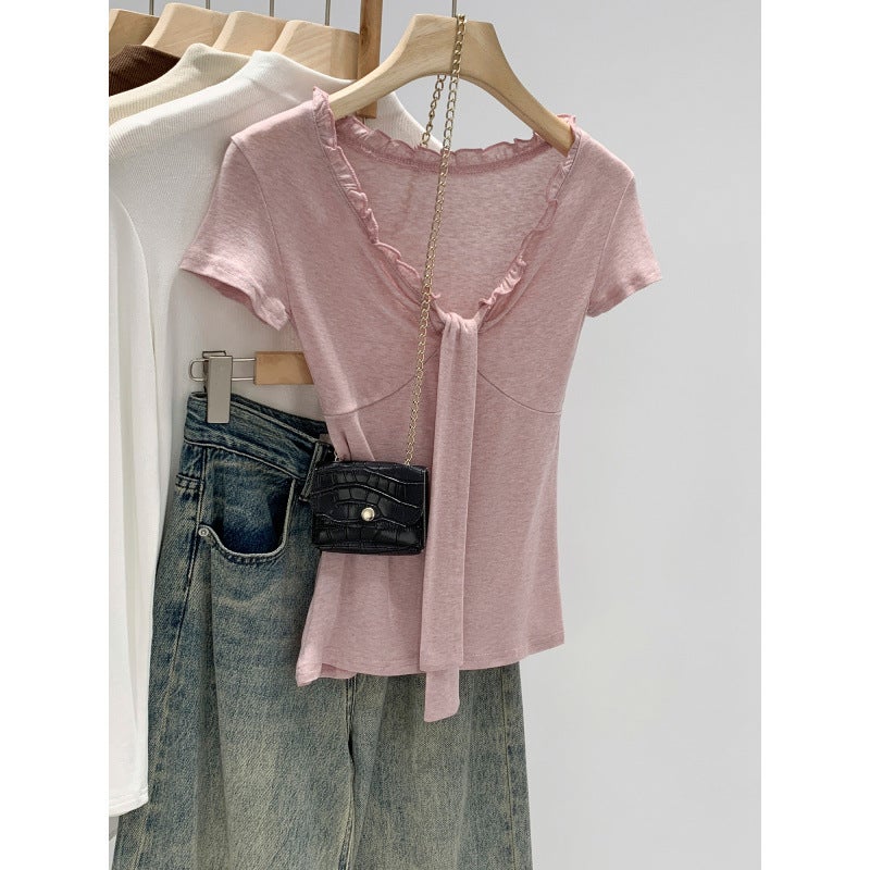 -Style Lyocell Tencel Ruffled V-Neck Tie Short-Sleeve Wool T-Shirt for Women, New Summer Slim-Fit Top - Image 2
