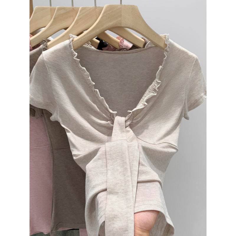 -Style Lyocell Tencel Ruffled V-Neck Tie Short-Sleeve Wool T-Shirt for Women, New Summer Slim-Fit Top - Image 4