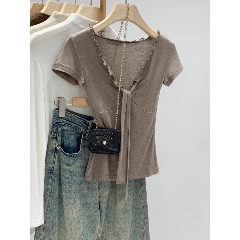 -Style Lyocell Tencel Ruffled V-Neck Tie Short-Sleeve Wool T-Shirt for Women, New Summer Slim-Fit Top - Image 3