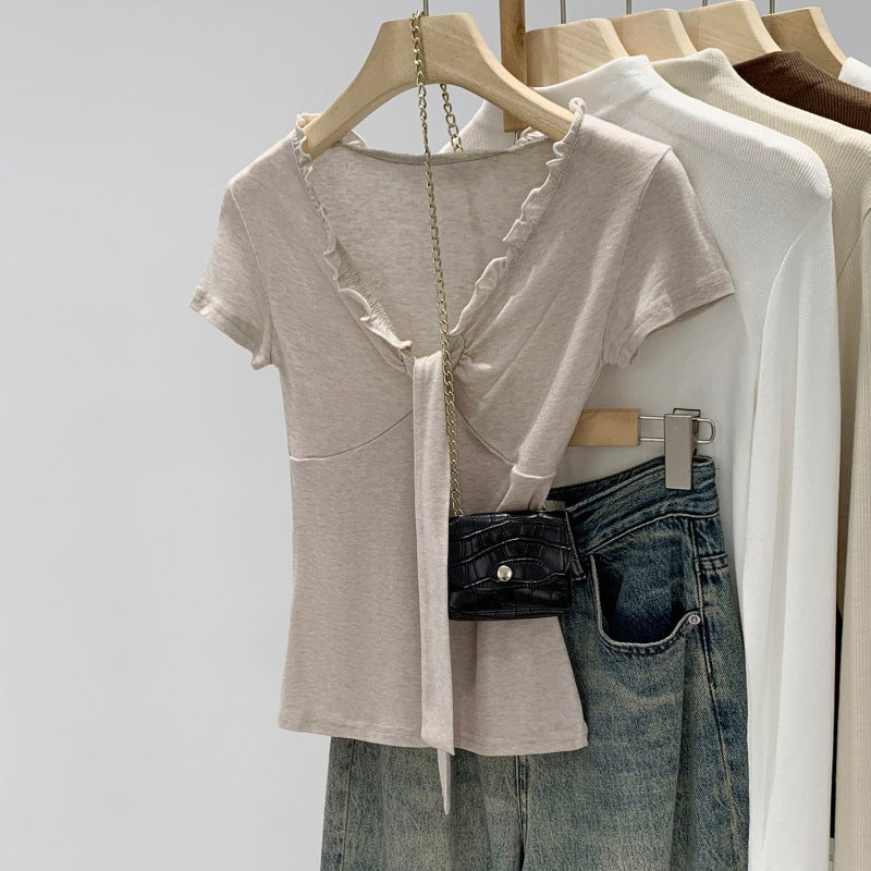 -Style Lyocell Tencel Ruffled V-Neck Tie Short-Sleeve Wool T-Shirt for Women, New Summer Slim-Fit Top - Image 1