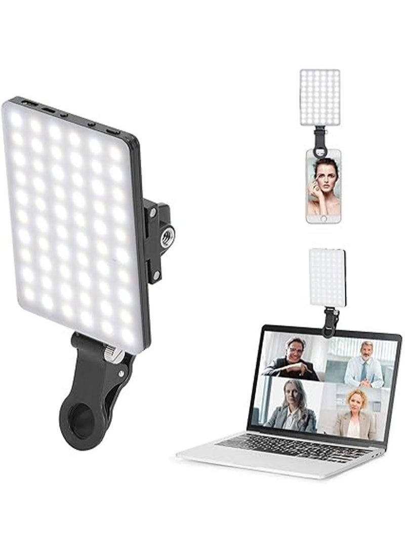 عام إضاءة فيديو عالية القوة قابلة للشحن مكونة من 60 LED مع مشابك أمامية وخلفية، مزودة بـ 3 أوضاع إضاءة قابلة للتعديل، مناسبة للهاتف، آيفون، أندرويد، آيباد، لابتوب، تستخدم للمكياج، تيك توك، السيلفي، والفيديوهات القصيرة (فلوغ). - Image 1