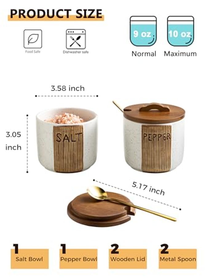 YHOJOY Salt and Pepper Bowl Ceramic, 10 Oz Salt and Pepper Cellar with Lid and Spoon, Farmhouse Salt Containers for Countertop, White - Image 2