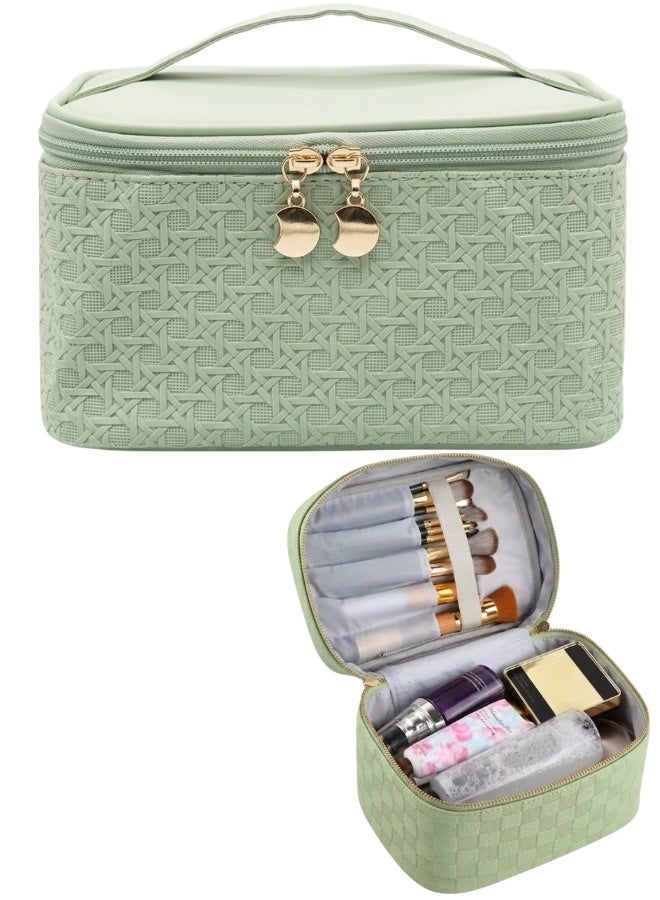 حقيبة مكياج نسائية كبيرة للسفر من جلد PU مقاوم للماء، حقيبة مستحضرات التجميل والأدوات مع عدة جيوب داخلية لتنظيم المكياج والفرش، منظم محمول للمكياج والفرش ومستحضرات التجميل، حقيبة سفر عملية وعصرية للنساء بسعة كبيرة لتخزين المكياج والعطور والأدوات الشخصية (لون بستاج) - Image 1