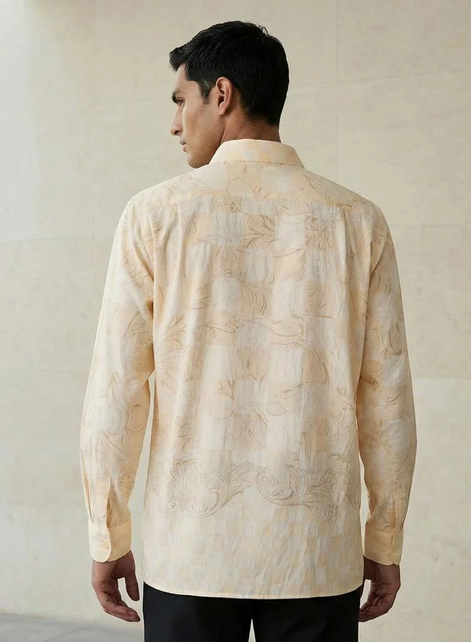 Iconic BEIGE Iconic Men Regular Fit Collared Printed Long Sleeve Shirt for Men | Best Price UAE
