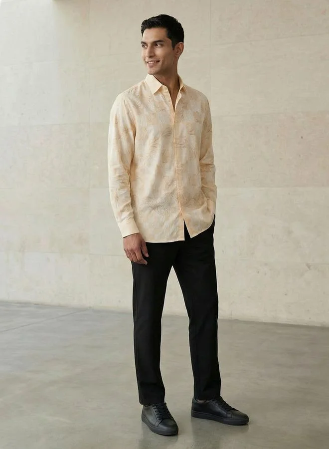 Iconic BEIGE Iconic Men Regular Fit Collared Printed Long Sleeve Shirt for Men | Best Price UAE
