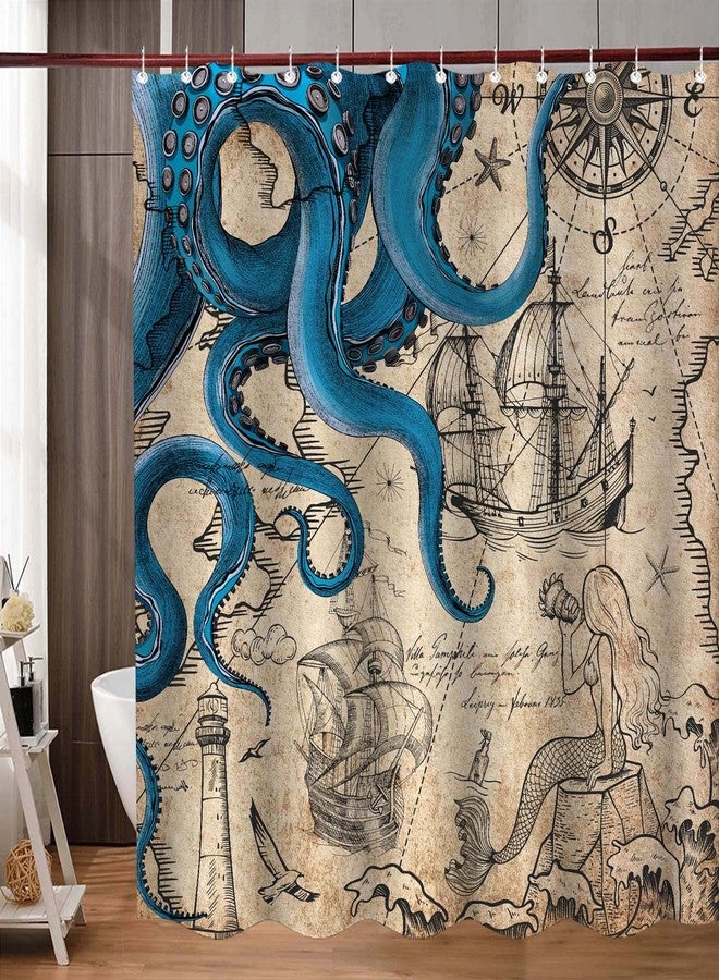 Fungarth Vintage Nautical Octopus Shower Curtain Navy Blue Mermaid Funny Ocean Kraken Shower Curtains for Bathroom Anchor Coastal Map Waterproof Fabric Bath Curtain Decor with Hooks (Retro, 72” x 72”) - Image 5