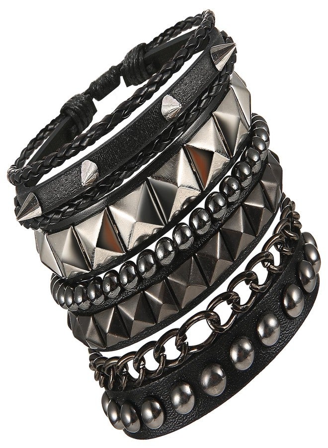 Yolev 4 Pcs Punk Studded Bracelets Rock Leather Emo Bracelets 80s Gothic Spike Cuff Bracelet Set Retro Classic Emo Jewelry Accessories for Men Women Rocker Outfits - Image 1