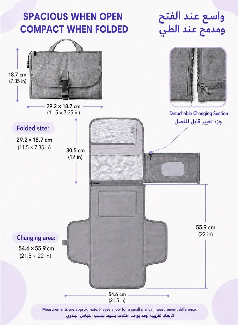 SQ Kids Portable Diaper Changing Pad | Foldable Baby Changing Mat with Wipes Pocket & Storage Pockets | Water-Resistant Travel Changing Station for Diaper Bag, Stroller & Car | Grey - Image 2
