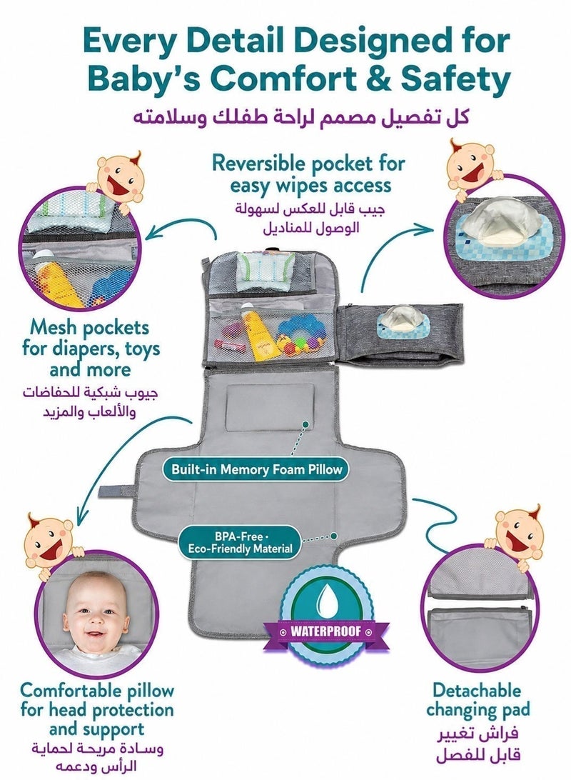 SQ Kids Portable Diaper Changing Pad | Foldable Baby Changing Mat with Wipes Pocket & Storage Pockets | Water-Resistant Travel Changing Station for Diaper Bag, Stroller & Car | Grey - Image 5