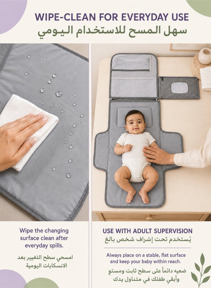 SQ Kids Portable Diaper Changing Pad | Foldable Baby Changing Mat with Wipes Pocket & Storage Pockets | Water-Resistant Travel Changing Station for Diaper Bag, Stroller & Car | Grey - Image 4