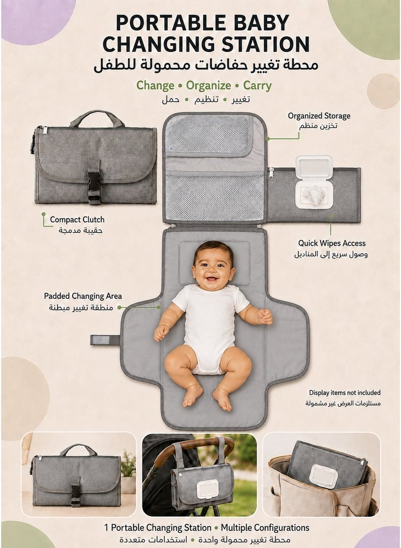 SQ Kids Portable Diaper Changing Pad | Foldable Baby Changing Mat with Wipes Pocket & Storage Pockets | Water-Resistant Travel Changing Station for Diaper Bag, Stroller & Car | Grey - Image 3