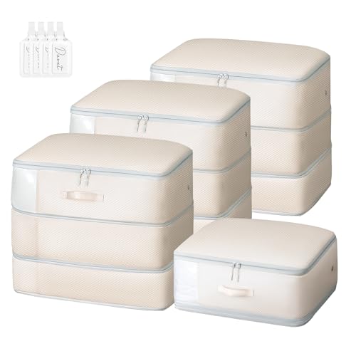 Easortm Comforter Storage Bag - Large Capacity Blanket Storage Bags 3-Layer Ultra Space Saving Self Compression Organizer, Washable Compression Bags for Storage Comforter Blanket, 4-Pack, Beige - Image 1