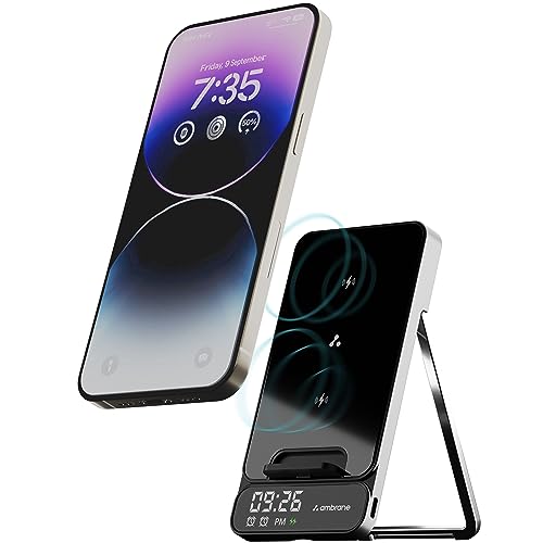 Ambrane 15W Wireless Charger with Stand | Fast Charging Pad with Digital Display & Alarm for iPhone 14/13/12, Galaxy S23/S22/S21, AirPods with Attached Cable, Phone Holder (Powerpod Pro, Black) - Image 1