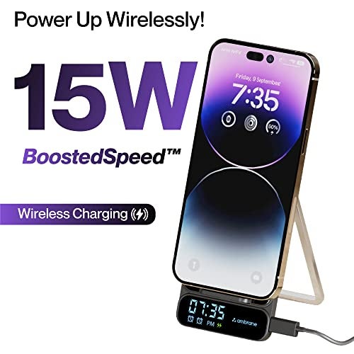 Ambrane 15W Wireless Charger with Stand | Fast Charging Pad with Digital Display & Alarm for iPhone 14/13/12, Galaxy S23/S22/S21, AirPods with Attached Cable, Phone Holder (Powerpod Pro, Black) - Image 3