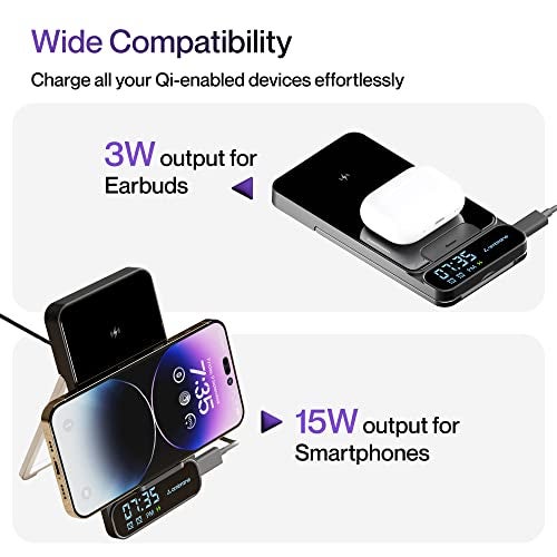 Ambrane 15W Wireless Charger with Stand | Fast Charging Pad with Digital Display & Alarm for iPhone 14/13/12, Galaxy S23/S22/S21, AirPods with Attached Cable, Phone Holder (Powerpod Pro, Black) - Image 5